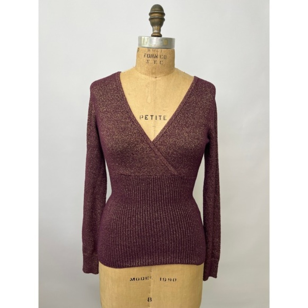 Cache Womens Plum Purple Gold Metallic Surplice Wrap V-Neck Ribbed Sweater S